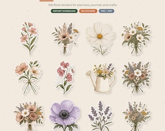 Wildflower Stickers, 100 Watercolor Floral PNG, GoodNotes Botanical Planner Stickers