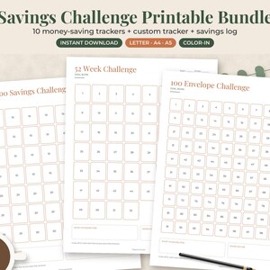 May include: A printable savings challenge bundle featuring three white sheets with terracotta-colored outlines. The pages include a $1,000 Savings Challenge, a 52 Week Challenge, and a 100 Envelope Challenge, each with numbered boxes for tracking progress.