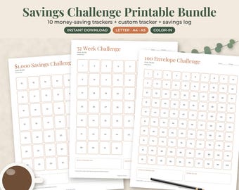 Savings Challenge Printable Bundle, 10 Money Saving Trackers, Cash Envelope, Emergency Fund