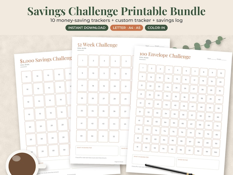 May include: A printable savings challenge bundle featuring three white sheets with terracotta-colored outlines. The pages include a $1,000 Savings Challenge, a 52 Week Challenge, and a 100 Envelope Challenge, each with numbered boxes for tracking progress.