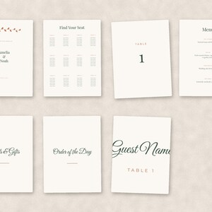 May include: A set of seven off-white wedding stationery cards featuring black and copper text. The cards include a welcome sign with names Amelia and Noah, a seating chart, a table number, a menu, a cards and gifts sign, an order of the day, and a guest name card.