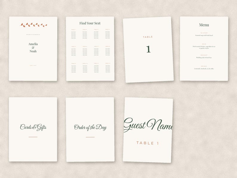 May include: A set of seven off-white wedding stationery cards featuring black and copper text. The cards include a welcome sign with names Amelia and Noah, a seating chart, a table number, a menu, a cards and gifts sign, an order of the day, and a guest name card.