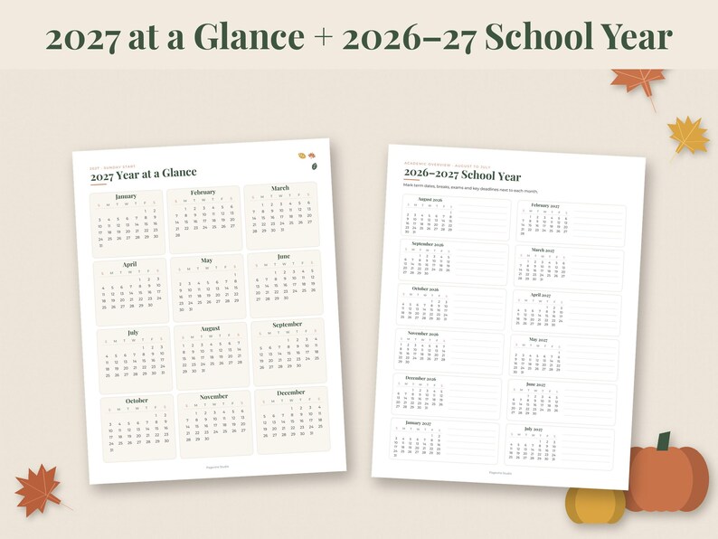 May include: Two printable calendar sheets featuring a 2027 year at a glance and a 2026-2027 school year schedule. The pages have a clean layout with monthly grids, lined sections for notes, and dark green text headers on a light cream background.