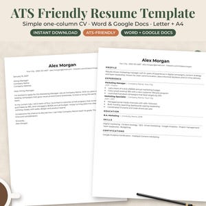May include: A digital resume template featuring a cover letter and a one-column CV for Alex Morgan. The document includes sections for profile, experience, education, skills, and certifications, with text reading ATS Friendly Resume Template.