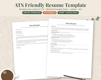ATS Friendly Resume Template, Simple Minimalist CV, Word and Google Docs Job Search