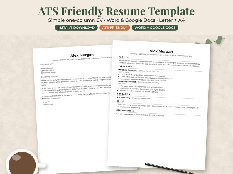 May include: A digital resume template featuring a cover letter and a one-column CV for Alex Morgan. The document includes sections for profile, experience, education, skills, and certifications, with text reading ATS Friendly Resume Template.