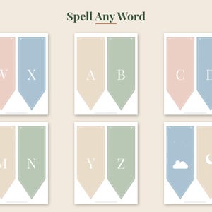 May include: A set of rectangular pennant banners with pointed bottoms, featuring letters W, X, A, B, C, D, M, N, Y, Z in white serif font. The banners are colored in muted pink, blue, beige, and sage green. One banner displays a cloud and moon icon.