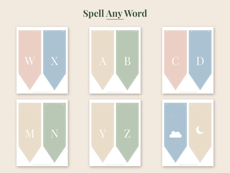 May include: A set of rectangular pennant banners with pointed bottoms, featuring letters W, X, A, B, C, D, M, N, Y, Z in white serif font. The banners are colored in muted pink, blue, beige, and sage green. One banner displays a cloud and moon icon.