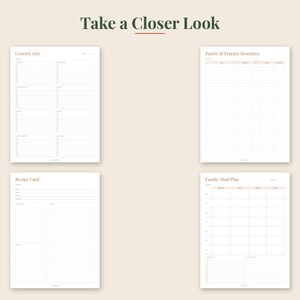 May include: Four white printable planner pages with dark text titled Take a Closer Look. The sheets include a Grocery List, Pantry & Freezer Inventory, Recipe Card, and Family Meal Plan, all featuring organized columns, lines, and checkboxes.