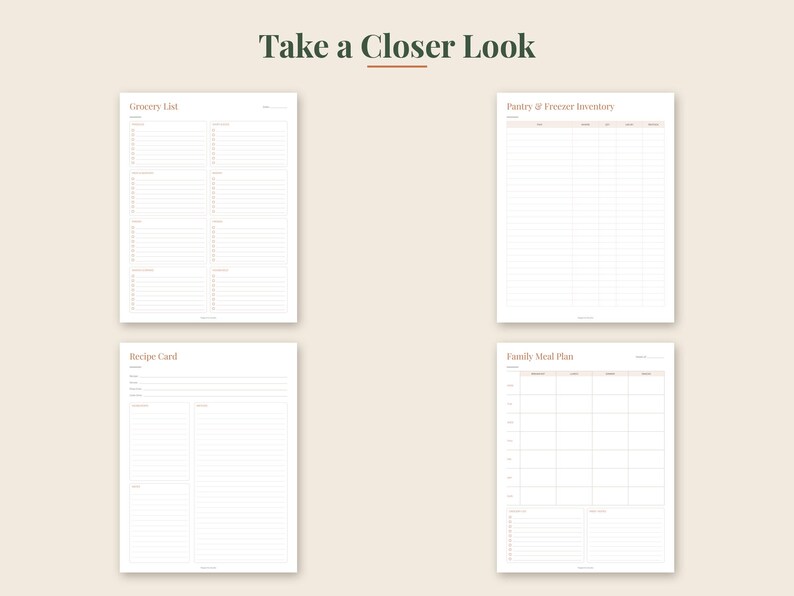 May include: Four white printable planner pages with dark text titled Take a Closer Look. The sheets include a Grocery List, Pantry & Freezer Inventory, Recipe Card, and Family Meal Plan, all featuring organized columns, lines, and checkboxes.