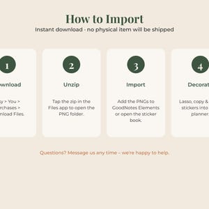 May include: An instructional graphic titled How to Import with four numbered steps in dark green circles. The steps are: 1 Download, 2 Unzip, 3 Import, and 4 Decorate. Each step includes brief text instructions for using digital files in a planner.