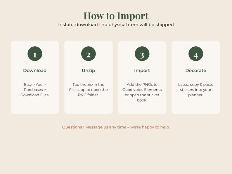 May include: An instructional graphic titled How to Import with four numbered steps in dark green circles. The steps are: 1 Download, 2 Unzip, 3 Import, and 4 Decorate. Each step includes brief text instructions for using digital files in a planner.