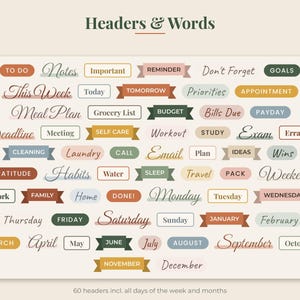 May include: A collection of sixty colorful planner stickers featuring the text Headers & Words. The set includes various labels for days of the week, months, and organizational tasks like To Do, Meal Plan, and Budget, presented in diverse fonts.