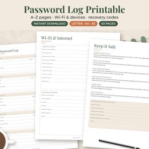 K&ouml;nnte beinhalten: Ein druckbares Passwort-Logbuch-Set mit A-Z-Seiten, WLAN- und Ger&auml;teinformationen sowie Wiederherstellungscodes. Die Dokumente enthalten strukturierte Felder f&uuml;r Website-Namen, Benutzernamen, Passw&ouml;rter und Sicherheitshinweise in einem klaren Layout.