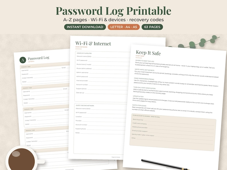 K&ouml;nnte beinhalten: Ein druckbares Passwort-Logbuch-Set mit A-Z-Seiten, WLAN- und Ger&auml;teinformationen sowie Wiederherstellungscodes. Die Dokumente enthalten strukturierte Felder f&uuml;r Website-Namen, Benutzernamen, Passw&ouml;rter und Sicherheitshinweise in einem klaren Layout.