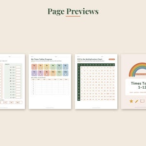 May include: Four educational worksheets for learning multiplication, featuring a cover page with a rainbow and the text Times Tables 1-12, a progress tracker, a fill-in multiplication chart, and a 1 times table practice sheet with blank boxes.