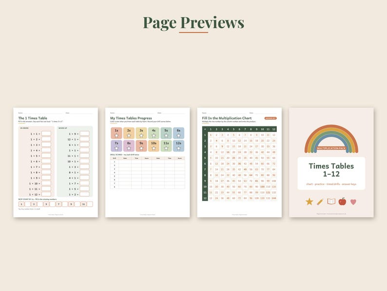 May include: Four educational worksheets for learning multiplication, featuring a cover page with a rainbow and the text Times Tables 1-12, a progress tracker, a fill-in multiplication chart, and a 1 times table practice sheet with blank boxes.