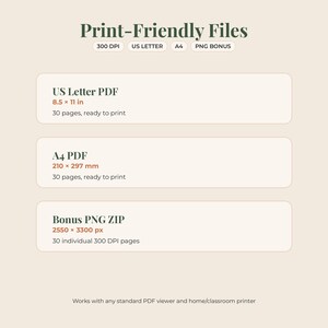 May include: A digital file information graphic titled Print-Friendly Files. It lists US Letter PDF at 8.5 x 11 inches, A4 PDF at 210 x 297 mm, and a Bonus PNG ZIP at 2550 x 3300 px. Each format includes 30 pages, 300 DPI, and is ready to print.
