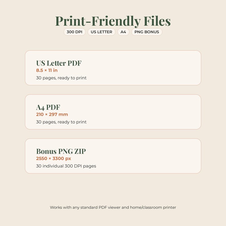 May include: A digital file information graphic titled Print-Friendly Files. It lists US Letter PDF at 8.5 x 11 inches, A4 PDF at 210 x 297 mm, and a Bonus PNG ZIP at 2550 x 3300 px. Each format includes 30 pages, 300 DPI, and is ready to print.