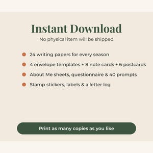 May include: A digital download listing featuring the text Instant Download, No physical item will be shipped, and a list of contents including 24 writing papers, 4 envelope templates, 8 note cards, 6 postcards, About Me sheets, and 40 prompts.
