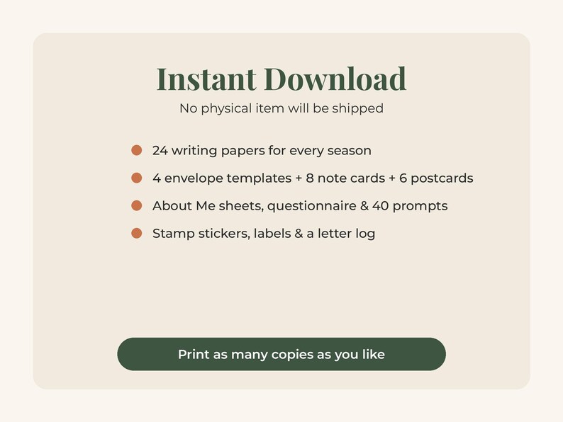 May include: A digital download listing featuring the text Instant Download, No physical item will be shipped, and a list of contents including 24 writing papers, 4 envelope templates, 8 note cards, 6 postcards, About Me sheets, and 40 prompts.
