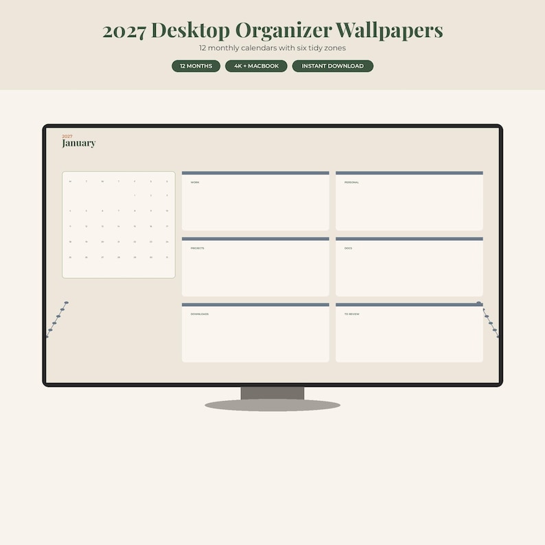 May include: A computer monitor displaying a 2027 desktop organizer wallpaper with a January calendar and six labeled sections for organization. The interface features a beige background with dark text and clean lines for a structured digital workspace.