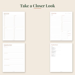 May include: Four white planner pages with dark text and lines. The pages are titled Sort It Out, Focus Day, Dopamine Menu, and Weekly Reset. Each page features organized sections, checkboxes, and lined areas for daily planning and task management.