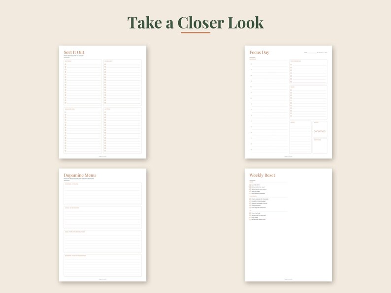 May include: Four white planner pages with dark text and lines. The pages are titled Sort It Out, Focus Day, Dopamine Menu, and Weekly Reset. Each page features organized sections, checkboxes, and lined areas for daily planning and task management.