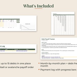 May include: A digital debt payoff tracker spreadsheet featuring sections titled What's Included, My Debts, Payoff Plan, Payment Log, and Debt Payoff Tracker. The layout includes tables for tracking up to 15 debts, a payment log, and a month-by-month plan.