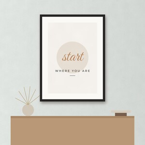 May include: A framed wall art print featuring a beige background with a large light tan circle in the center. The text "start" is written in a brown cursive font inside the circle, with "WHERE YOU ARE" printed in black capital letters below it.