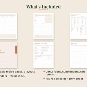 May include: A digital recipe organizer set featuring six printable pages with light beige backgrounds and terracotta accents. The pages include fillable recipe templates, a kitchen conversions chart, a substitutions and safe temps guide, a recipe index, and a breakfast divider page with the text 01 Breakfast.