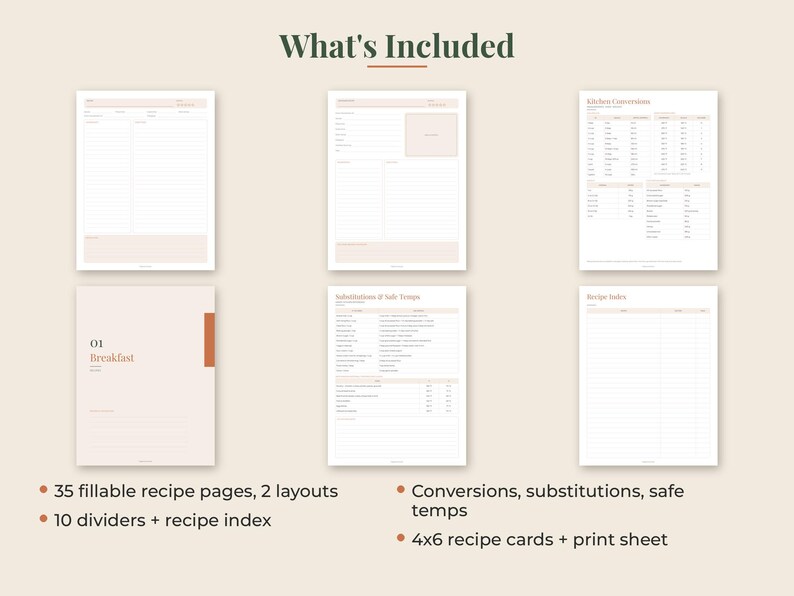 May include: A digital recipe organizer set featuring six printable pages with light beige backgrounds and terracotta accents. The pages include fillable recipe templates, a kitchen conversions chart, a substitutions and safe temps guide, a recipe index, and a breakfast divider page with the text 01 Breakfast.