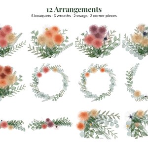May include: A collection of 12 watercolor-style floral arrangements labeled 12 Arrangements, 5 bouquets, 3 wreaths, 2 swags, 2 corner pieces. The set features various flowers in shades of orange, red, and purple, paired with green foliage.