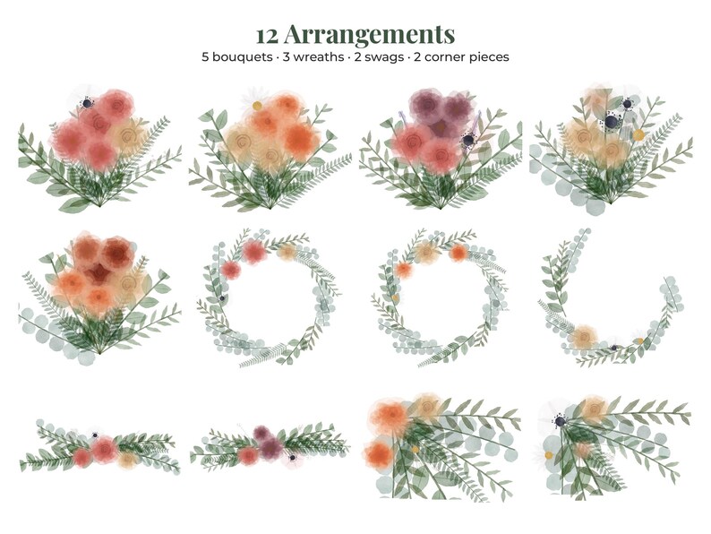 May include: A collection of 12 watercolor-style floral arrangements labeled 12 Arrangements, 5 bouquets, 3 wreaths, 2 swags, 2 corner pieces. The set features various flowers in shades of orange, red, and purple, paired with green foliage.