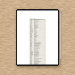 May include: A black tablet displaying a long, vertical list of text in a table format on its screen, accompanied by a slim white stylus positioned vertically along the right side of the device, showcasing a clean and functional digital interface.