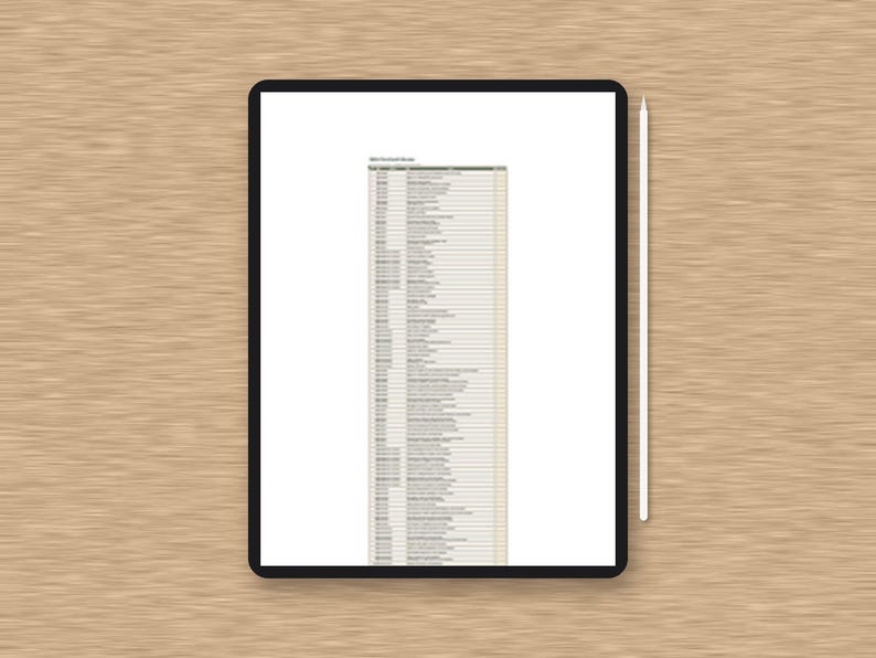 May include: A black tablet displaying a long, vertical list of text in a table format on its screen, accompanied by a slim white stylus positioned vertically along the right side of the device, showcasing a clean and functional digital interface.