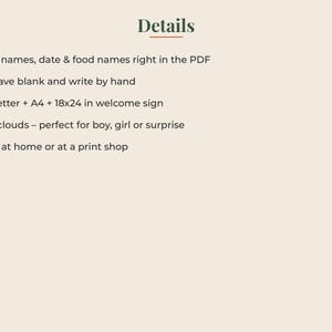 May include: A digital document with the heading Details, listing features: Type names, date & food names right in the PDF, Or leave blank and write by hand, US Letter + A4 + 18x24 in welcome sign, Soft clouds, Print at home or at a print shop.