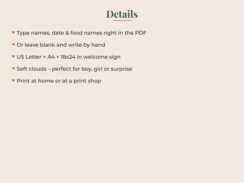 May include: A digital document with the heading Details, listing features: Type names, date & food names right in the PDF, Or leave blank and write by hand, US Letter + A4 + 18x24 in welcome sign, Soft clouds, Print at home or at a print shop.