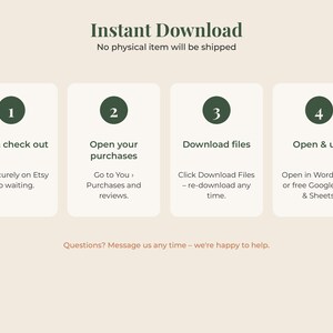 May include: An instructional graphic titled Instant Download with four numbered steps in dark green circles. The steps are: 1. Buy & check out, 2. Open your purchases, 3. Download files, 4. Open & use. Text below explains the process and contact info.