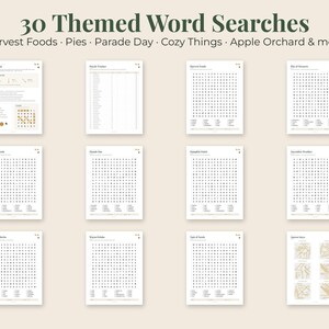 May include: A collection of 30 themed word search puzzle sheets featuring titles like Harvest Foods, Pies, Parade Day, and Cozy Things. Each white page contains black text grids and lists of words to find, with one page showing answer keys.