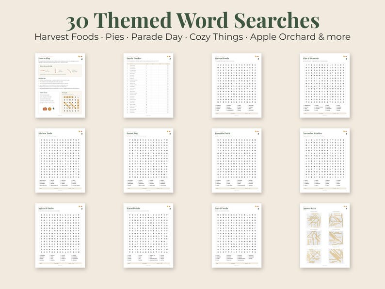 May include: A collection of 30 themed word search puzzle sheets featuring titles like Harvest Foods, Pies, Parade Day, and Cozy Things. Each white page contains black text grids and lists of words to find, with one page showing answer keys.