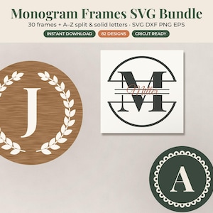 May include: A digital graphic titled Monogram Frames SVG Bundle featuring 30 frames and A-Z split and solid letters. The image displays three circular monogram designs: a wood-textured frame with a white letter J, a black split letter M with the name Miller, and a dark green scalloped frame with a white letter A.