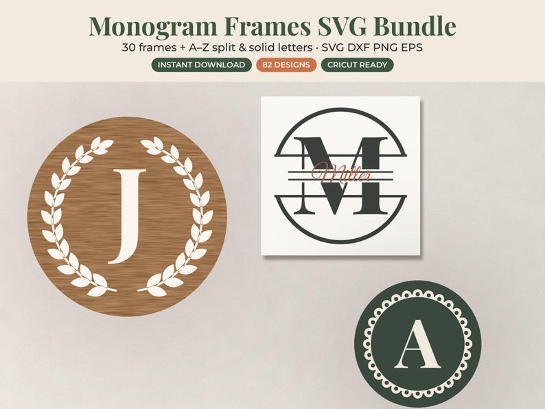 May include: A digital graphic titled Monogram Frames SVG Bundle featuring 30 frames and A-Z split and solid letters. The image displays three circular monogram designs: a wood-textured frame with a white letter J, a black split letter M with the name Miller, and a dark green scalloped frame with a white letter A.