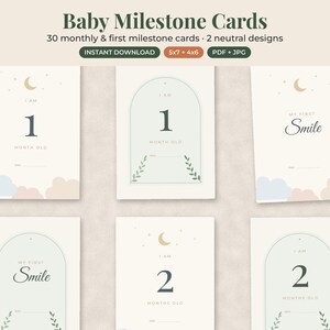 May include: A set of 30 baby milestone cards featuring two neutral designs in 5x7 and 4x6 inch formats. The cards display numbers, months, and milestones like 'My First Smile' with illustrations of moons, stars, clouds, and arched frames.