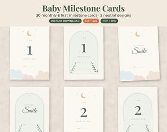 Baby Milestone Cards Printable, Neutral Monthly Photo Props, Firsts, Newborn Keepsake
