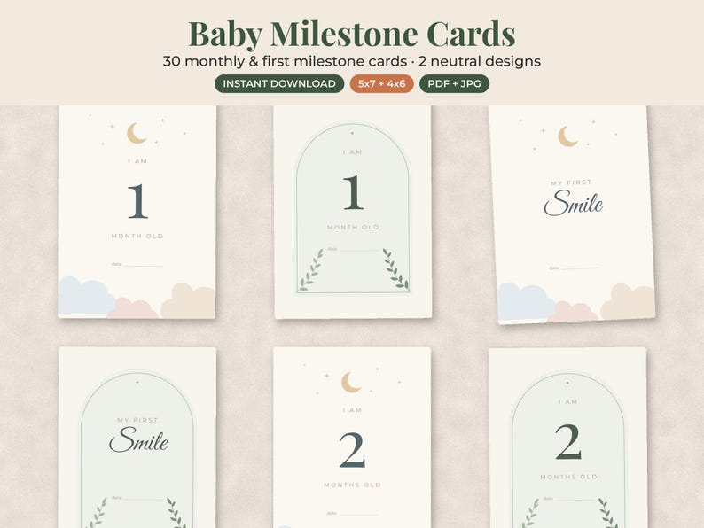 May include: A set of 30 baby milestone cards featuring two neutral designs in 5x7 and 4x6 inch formats. The cards display numbers, months, and milestones like 'My First Smile' with illustrations of moons, stars, clouds, and arched frames.