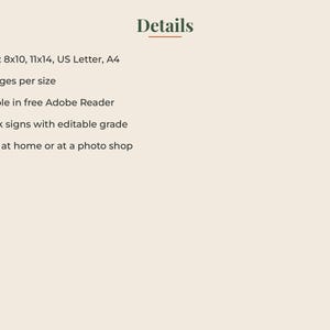 May include: A digital document information sheet with the heading Details. It lists sizes 8x10, 11x14, US Letter, and A4, 61 pages per size, fillable in free Adobe Reader, blank signs with editable grade, and print at home or at a photo shop.