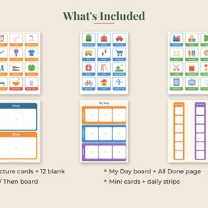 May include: A set of visual schedule tools including three sheets of colorful activity icons, a First/Then board, a My Day board with morning, afternoon, and evening sections, and two vertical strips labeled To Morning and To Evening with blank spaces.