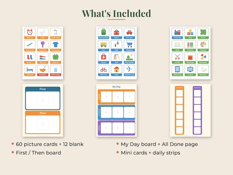 May include: A set of visual schedule tools including three sheets of colorful activity icons, a First/Then board, a My Day board with morning, afternoon, and evening sections, and two vertical strips labeled To Morning and To Evening with blank spaces.