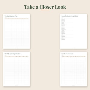 May include: Four white printable planner pages with dark text on a light background. The pages are titled Weekly Cleaning Plan, Room by Room Deep Clean, Monthly Cleaning Tracker, and Family Chore Chart, featuring grids and checklists for organization.